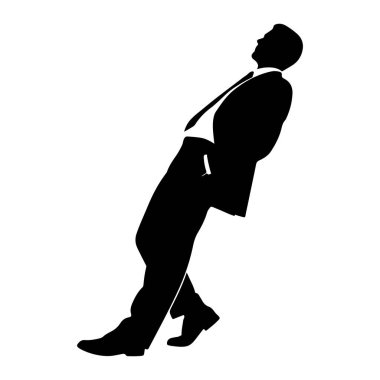 Takım elbiseli ve kravatlı bir adamın siyah silueti görünmeyen bir güce karşı geriye doğru eğiliyor. Kafası geriye doğru eğik ve vücudu açılı, dinamik bir poz veriyor. Takım elbise iyi giyilmiş gibi görünüyor, görünür bir cep detayıyla birlikte. Arkaplan p