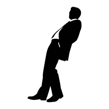Takım elbiseli bir adamın siyah silueti görünmeyen bir yüzeye doğru geriye doğru eğiliyor. O bir ceket, gömlek ve pantolon giyiyor, sol bacağı hafifçe önde ve sağ bacağı arkada. Siluet, düz beyaz bir arkaplana karşı katıdır..