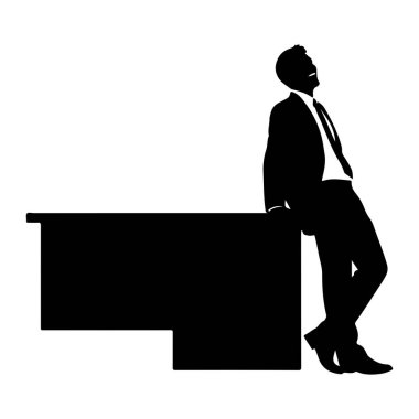 Takım elbiseli ve kravatlı bir adamın siyah silueti masaya yaslanıyor. Kafası arkaya doğru eğik ve ağzı sanki gülüyor ya da haykırıyor gibi açık. Masa koyu ve dikdörtgen ve hafif kıvrımlı kenarı var. Arkaplan düz beyaz.