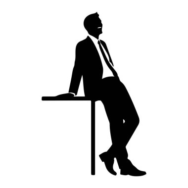 Takım elbiseli ve kravatlı bir adamın siyah silueti bir masaya yaslanıyor. Yukarıya bakıyor ve gülüyor gibi görünüyor. Arka plan bembeyaz..