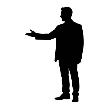 Profilde siyah bir siluet. Bir adak jesti olarak sağ elini öne uzatıyor. Takım elbise ceketi, pantolonu ve ayakkabıları var. Arkaplan beyaz.