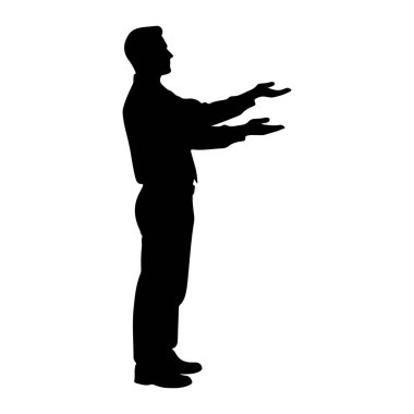 Profilde bir adamın siyah silueti beyaz bir arkaplanda tasvir ediliyor. Resmi giysiler giyiyor, gömleği ve pantolonu da dahil, ve kolları avuçlarını yukarı doğru uzatarak, bir adak ya da hoş geldin jesti önerisinde bulunuyor. Onun. 