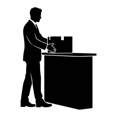 Yan taraftan takım elbiseli ve kravatlı bir adamın siyah silueti gösteriliyor. O bir tezgahın yanında duruyor ve yüzeyine bir karton kutu yerleştirme sürecinde. Arkaplan düz beyaz.