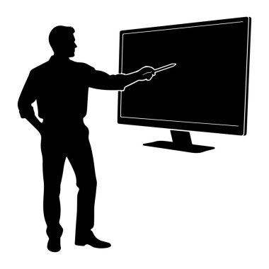 Siyah siluet bir adam büyük, düz ekran bir ekranın solunda duruyor. O, bir eli cebinde yakalı bir gömlek ve pantolon giyiyor. Adam diğer elinde tuttuğu ince bir işaretle ekranı işaret ediyor. Monitör dar