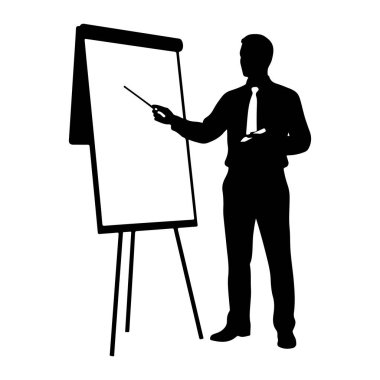 Takım elbiseli ve kravatlı bir adamın siyah bir silueti şövalede beyaz bir tahtanın yanında duruyor. Elinde bir işaret çubuğu tutuyor ve boş tahtayı işaret ediyor. Arkaplan beyaz.