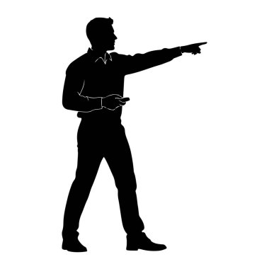 Siyah siluet bir adam profilde duruyor, sağa bakıyor. O, yakalı bir gömlek ve pantolon giyiyor. Sağ kolu öne doğru uzanıyor ve işaret parmağı bir yönü işaret ediyor. Sol eli küçük, dikdörtgen bir nesne tutuyor. Şekil.