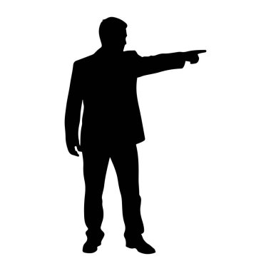 Takım elbiseli bir adamın siyah silueti sağ işaret parmağını yana doğru gösteriyor. Kafası sağına dönük bir şekilde, yüzünü izleyiciden çeviriyor. Siluet beyaz bir arkaplanda izole edilmiş..