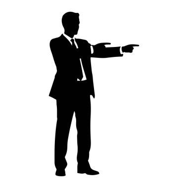 Takım elbise giyen ve kravat takan bir adamın siyah silueti beyaz arka planda duruyor. Sağa bakıyor ve her iki işaret parmağıyla aynı yöne bakıyor. Sol kolu dirsekten bükülmüş ve sağ kolu öne doğru uzamış..