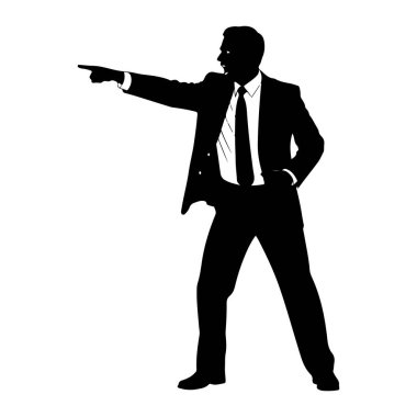Takım elbiseli ve kravatlı bir adamın siyah silueti ayakta ve işaret parmağını sola doğru gösteriyor. Diğer eli kalçasındaydı. Şekil beyaz bir arkaplanda izole edilmiştir..