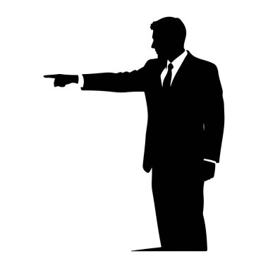 Yan taraftan takım elbiseli ve kravatlı bir adamın siyah silueti gösteriliyor. O ayakta duruyor ve işaret parmağını öne ve hafifçe sola doğru gösteriyor. Arkaplan beyaz.