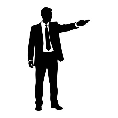 Takım elbiseli ve kravatlı bir adamın siyah silueti sağ kolu öne doğru uzanıp işaret parmağıyla sola dönük duruyor. Şekil beyaz bir arkaplanda izole edilmiştir..
