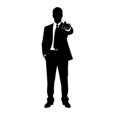 Takım elbiseli ve kravatlı siyah bir adam silueti bir eli cebinde, diğeri de doğrudan seyirciyi işaret ediyor. Şekil beyaz bir arkaplanda izole edilmiştir..