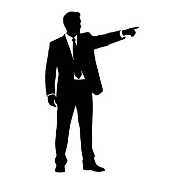Takım elbiseli ve kravatlı bir adamın siyah silueti, sağ işaret parmağını öne doğru kaldırarak resmedilmiştir. Şekil beyaz bir arkaplanda izole edilmiştir..