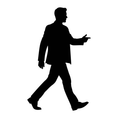 İşaret parmağıyla öne doğru yürüyen siyah bir siluet. O bir takım elbise ve ayakkabı giyiyor. Arkaplan beyaz.