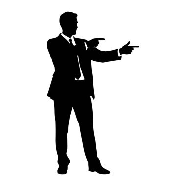 Beyaz arka planda takım elbiseli ve kravatlı bir adamın siyah silueti tasvir edilir. Bacakları hafifçe açık duruyor ve her iki işaret parmağıyla zıt yönleri işaret ederek bir seçim ya da yön öneriyor. Siluet temiz.
