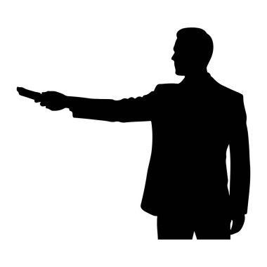 Siyah bir siluet. Takım elbiseli bir adam silahını öne doğrultuyor. Bu figür beyaz bir arkaplan karşısında profil olarak gösterilir.