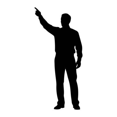 Siyah bir siluet sağ kolu havada ve işaret parmağı yukarı doğru gösteren bir adam yüzü öne dönük duruyor. O, yakalı bir gömlek ve pantolon giyiyor. Arkaplan düz beyaz.