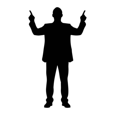 Takım elbiseli bir adamın siyah silueti iki işaret parmağı da yukarı doğru dönük şekilde duruyor. Arka plan bembeyaz..