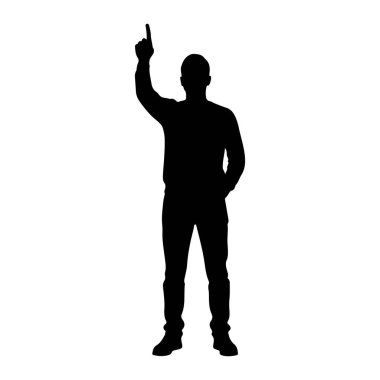 Beyaz bir arkaplana karşı duran siyah bir siluet. O, bir kazak ve kot da dahil olmak üzere günlük giysiler giyiyor. Sol eli cebinde, sağ kolu işaret parmağıyla yukarı doğru kaldırılır..