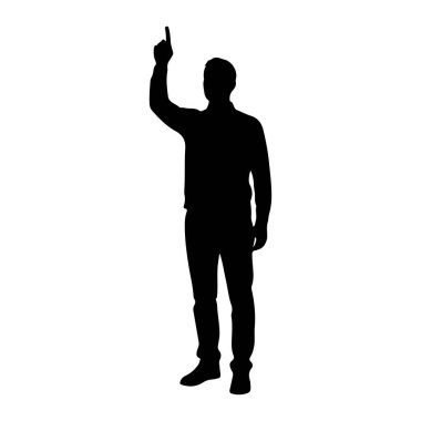 Beyaz bir arkaplana karşı duran siyah bir siluet. Günlük giysiler giyiyor ve sağ kolu yukarıda, işaret parmağı da yukarıyı gösteriyor. Sol kolu yan tarafında gevşemiş. Siluet temiz ve keskin, disksiz.