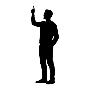 Bir adamın siyah silueti sol eli cebinde ve sağ kolu yukarıda, işaret parmağını yukarı doğru gösteren bir şekilde sağa dönük duruyor. O, uzun kollu gömlek, pantolon ve ayakkabılar dahil günlük giysiler giyiyor. Arka plan sade.
