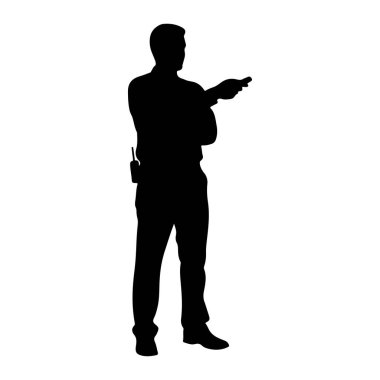 Sağ elinde küçük bir cihaz tutan ve işaret parmağıyla işaret eden bir adamın siyah silueti sağa dönük duruyor. O bir gömlek, pantolon ve ayakkabı giyiyor ve kemerine küçük bir radyo bağlanıyor. Arkaplan beyaz.