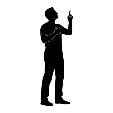 Siyah bir siluet sağ işaret parmağını yukarı doğru gösteren bir adam. O, parmağıyla aynı yöne bakıyor. Sol eli göğsünde duruyor. Siluet beyaz arka planda..
