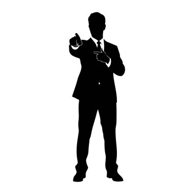 Takım elbiseli ve kravatlı bir adamın siyah silueti beyaz arka planda duruyor. İşaret parmağıyla ileri işaret ediyor ve sol işaret parmağı da izleyiciye doğru uzanıyor. Şekil keskin bir şekilde tanımlanmış, vurgulanıyor.