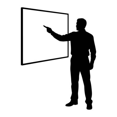 Siyah bir adam silueti siyah çerçeveli büyük, boş bir beyaz tahtanın sağında duruyor. Adam yakalı bir gömlek ve pantolon giyiyor ve işaret parmağıyla tahtanın ortasına doğru işaret ediyor. Arka plan bembeyaz..
