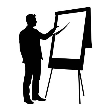 Siyah renkli takım elbiseli bir adam silueti elinde boş beyaz bir sunum tahtası olan siyah bir sehpanın solunda duruyor. Adam tahtaya bakıyor ve sağ eliyle ona doğru işaret ediyor. Arkaplan beyaz.