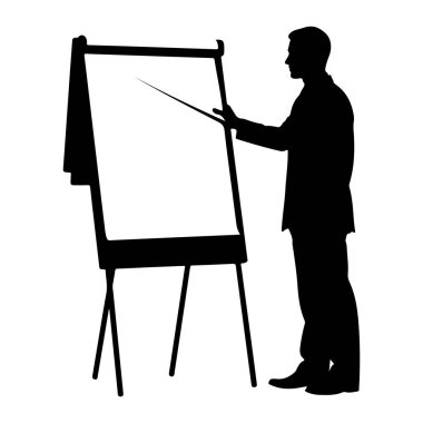 Siyah bir siluet, sehpanın üzerinde beyaz bir tahtanın sağında duruyor. O bir takım elbise ve kravat takıyor ve bir sopayla beyaz tahtayı işaret ediyor. Beyaz tahta boş ve beyazdır. Görüntü, bir sunucunun basit, grafik bir temsilidir.