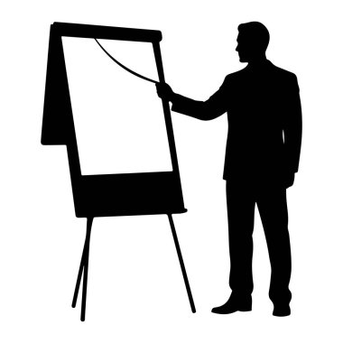 Takım elbiseli bir adamın siyah bir silueti, sehpadaki bir tablonun sağında duruyor. Çizelgeye çizilmiş eğri bir çizgiyi işaret ediyor. Arkaplan beyaz.