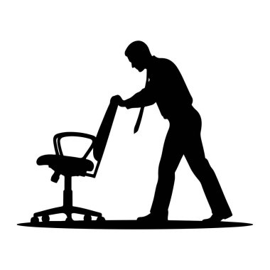 Takım elbiseli ve kravatlı bir adamın siyah silueti bir ofis sandalyesini itiyor. Adam öne eğiliyor, bir eli sandalyenin arkasında ve vücudu sanki kuvvet uyguluyormuş gibi açılı. Ofis sandalyesi tekerlekli sandalyede ve hareket ediyor gibi görünüyor. Arka tarafta.