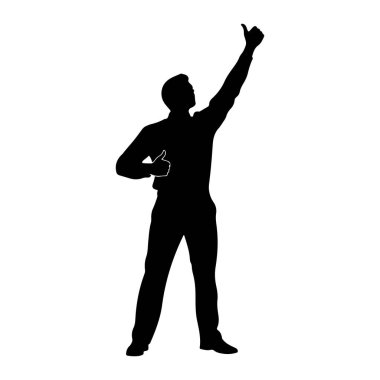 Siyah silueti olan bir adam sol kolu yukarıda, baş parmağını kaldırıyor. Sağ kolu dirseğinden bükülmüş, ayrıca baş parmak hareketi yapıyor. O, yakalı bir gömlek ve pantolon giyiyor. Arkaplan düz beyaz.