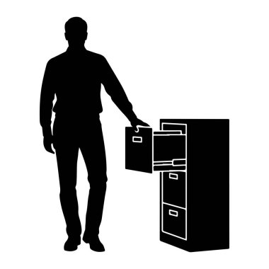 Açık bir dosya dolabının yanında duran siyah bir adam silueti. Adam, sağ eli dolabın açık çekmecelerinden birine uzanan yakalı bir gömlek ve pantolon giyiyor. Dosya dolabında birden fazla çekmece var, en üstteki p ile.