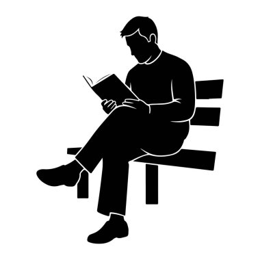 Parktaki bankta oturup kitap okuyan bir adamın siyah silueti. Adam uzun pantolon ve uzun kollu bir gömlek giyiyor. Bacak bacak üstüne atmış ve kitabı elinde tutuyor. Yedek kulübesinde yatay çıtalarla basit bir tasarım var. Th
