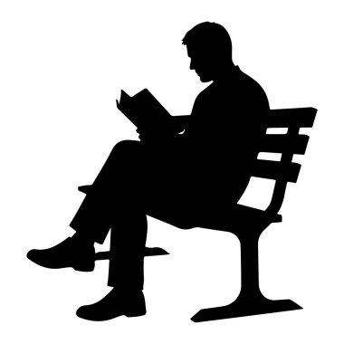 Parktaki bankta oturup kitap okuyan bir adamın siyah silueti. Adam sol tarafa bakıyor, elinde kitap açık bir şekilde. Yedek kulübesinde bir koltuk ve dinlenme yeri var. Görüntü, beyaz arkaplana karşı basit, grafik bir resimdir.