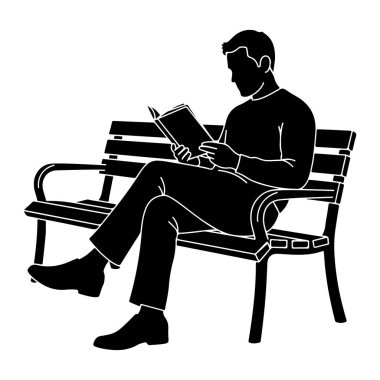 Parktaki bankta oturup kitap okuyan bir adamın siyah silueti. Adam gündelik kıyafetler giyiyor ve bacak bacak üstüne atıyor. Yedek kulübesinde bir koltuk ve dizlik var. Resim, beyaz çizgili basit ve temiz bir illüstrasyondur.