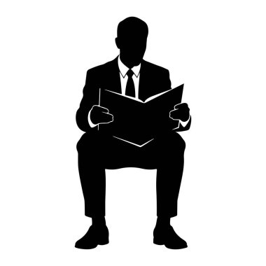 Takım elbiseli ve kravatlı bir adamın siyah silueti oturuyor ve açık bir kitap tutuyor. Şekil düz beyaz bir arkaplanda tasvir edilir. Siluet açıkça adamın duruşunu, kıyafetinin detaylarını ve okuduğu kitabı gösteriyor..