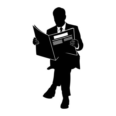 Takım elbiseli ve kravatlı bir adamın siyah silueti bacak bacak üstüne atmış, elinde açık bir gazete tutarak oturmaktadır. Arka plan düz beyaz. Görüntü renksiz bir grafiktir..