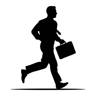 Elinde bir evrak çantasıyla koşan takım elbiseli ve kravatlı bir adamın siyah silueti tasvir ediliyor. Şekil profilden gösteriliyor, bir bacağı öne doğru uzanıyor, diğeri de arkaya doğru uzanıyor, bu da hareketi gösteriyor. Arkaplan düz beyaz.
