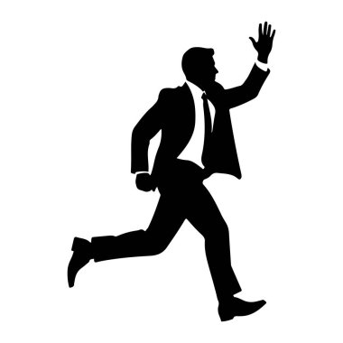 Takım elbiseli ve kravatlı bir adamın siyah silueti, sağ kolu açık ve yukarı doğru hareket eden, el sallayan ya da işaret veren bir şekilde tasvir edilir. Adamın bedeni öne doğru dönük, hareket ve hızı gösteriyor. Arkaplan düz beyaz.