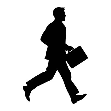 Takım elbiseli bir adamın siyah bir silueti ileri doğru koşarken orta basamakta yakalanır. Sağ elinde bir evrak çantası tutuyor, bu da işe ya da toplantıya gittiğini gösteriyor. Beyaz arkaplan karşıtlığı dinamik enerjiyi vurguluyor