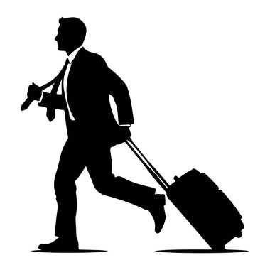 Tekerlekli bavulu çeken takım elbiseli ve kravatlı bir adamın siyah silueti. Vücudu öne dönük, ya koşuyor ya da hızlı yürüyor. Arkaplan düz beyaz.