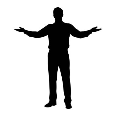 Siyah bir adam silueti kollarını yanlara doğru açmış duruyor. Ayağında ayakkabılar olan yakalı bir gömlek ve pantolon giyiyor. Şekil, düz beyaz bir arkaplanda izole edilmiştir..