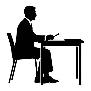 Masada oturan takım elbiseli bir adamın siyah silueti. Profilde sola bakıyor, sağ eli masanın üzerinde bir kağıt parçasının üzerinde bir kalem tutuyor. Masanın basit bir tasarımı var ve adam bir sandalyede oturuyor. Arkaplan düz beyaz.