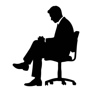 Takım elbiseli bir adamın siyah silueti elleri bağlı ve başı eğik bir şekilde ofis sandalyesinde oturuyor. Sandalyenin tekerlekleri olan beş yıldızlı bir tabanı var. Arkaplan düz beyaz.