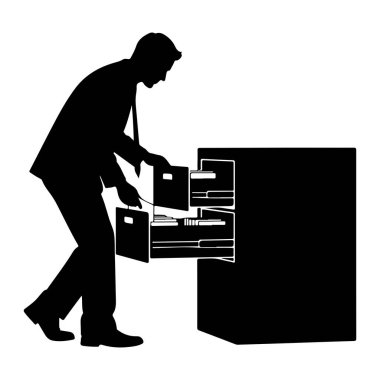 Takım elbiseli ve kravatlı bir adamın siyah silueti eğilip açık bir dosya dolabına uzanırken görülüyor. Dolapta birden fazla çekmece var, iki çekmece çıkarılmış, dosya ve belgeler ortaya çıkıyor. Görüntü basit ve temiz bir vektördür. 