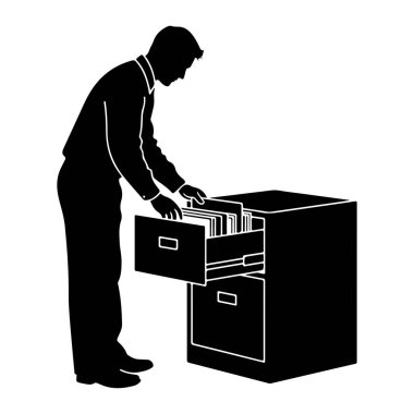 Profesyonel kıyafetli bir adamın siyah silueti yan taraftan gösteriliyor, eğiliyor ve açık bir dosya çekmecesine bakıyor. Dosya klasörleriyle dolu çekmeceye uzanıyor. Dosya dolabında iki tane görünür çekmece var, biri... 