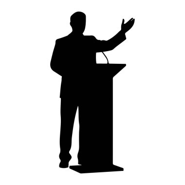 Takım elbiseli bir adamın siyah bir silueti podyumun arkasında duruyor, konuşurken sağ eliyle işaret ediyor. Podyumda bir mikrofon var. Arkaplan düz beyaz.